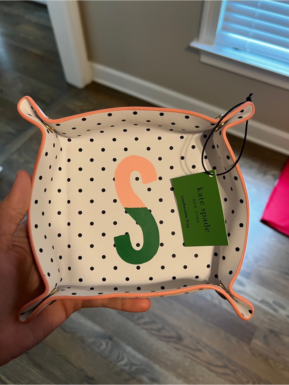kate spade Polka Dot Leather Valet Tray with Pink and Green Monogram